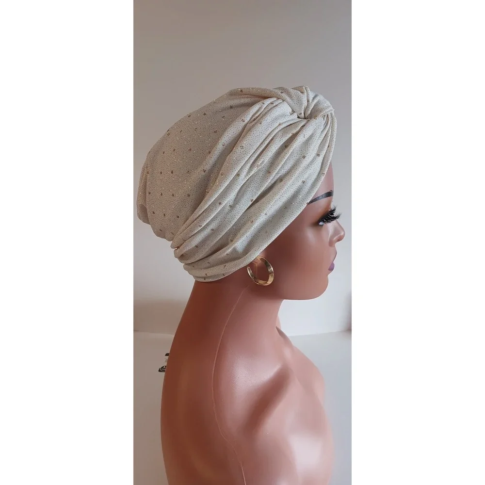 Ivory Glitter Shimmer Stretch Turban Headpiece Front Twist Hijab Cap Modest